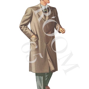 May include: Illustration of a person wearing a tan overcoat, green fedora, and gray trousers. The overcoat has large pockets and a buttoned front. The person is also wearing a white shirt, a patterned tie, and brown shoes.