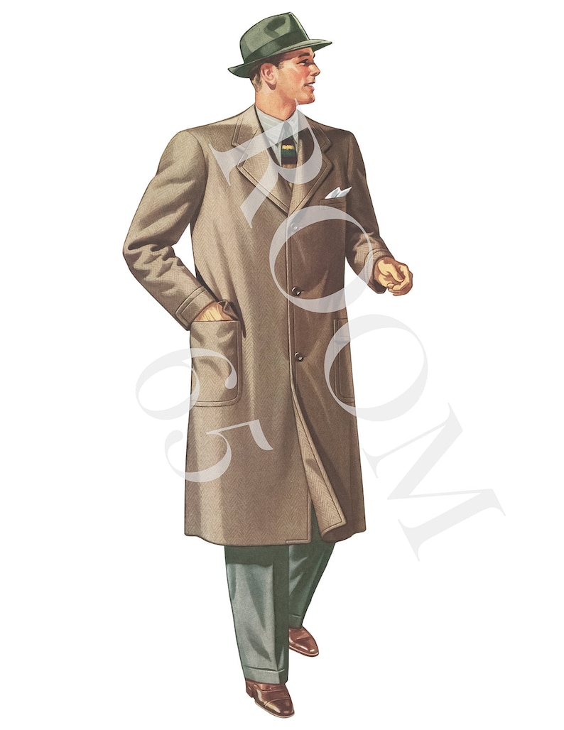 May include: Illustration of a person wearing a tan overcoat, green fedora, and gray trousers. The overcoat has large pockets and a buttoned front. The person is also wearing a white shirt, a patterned tie, and brown shoes.