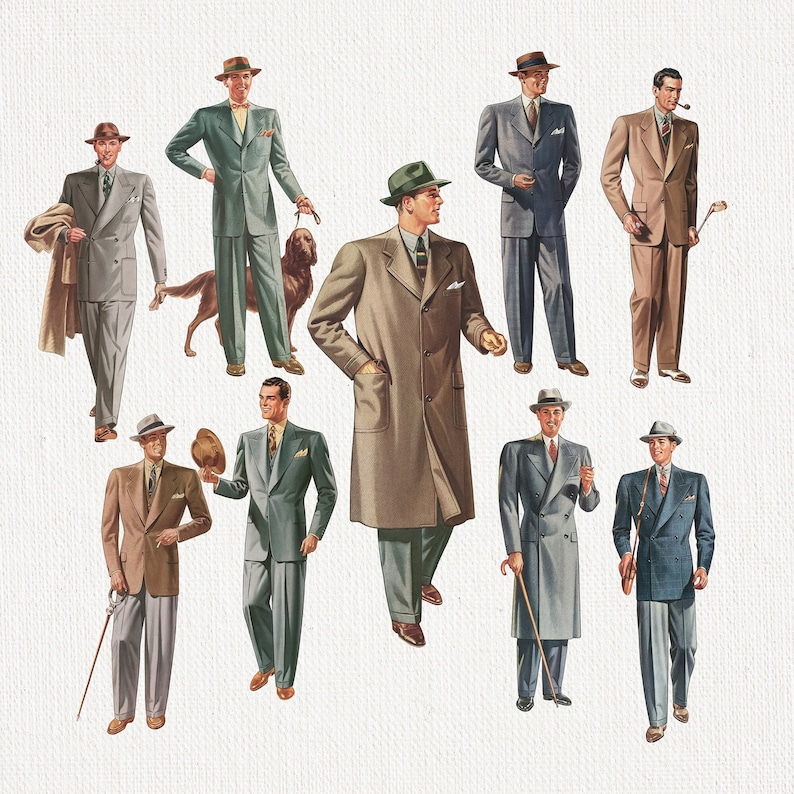 May include: Illustration of men in vintage suits and coats, each wearing a hat. The suits vary in color, including gray, brown, and green, with some men holding accessories like canes and a dog.