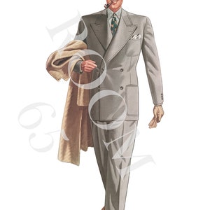 May include: Illustration of a man in a light gray double-breasted suit, brown fedora, and brown shoes. He holds a tan overcoat and smokes a pipe. The suit has a pocket square and a patterned tie.