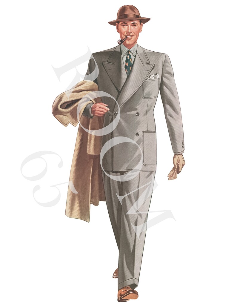 May include: Illustration of a man in a light gray double-breasted suit, brown fedora, and brown shoes. He holds a tan overcoat and smokes a pipe. The suit has a pocket square and a patterned tie.