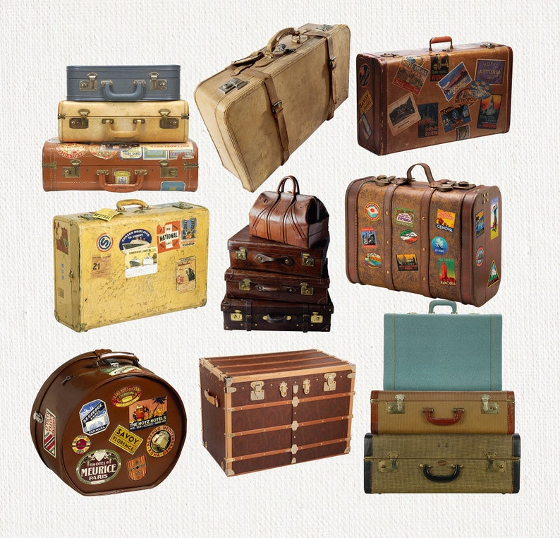 May include: A collection of vintage suitcases and trunks in various sizes and colors. The luggage pieces are made of leather and other materials, some with travel stickers. The arrangement includes a mix of hard-sided and soft-sided cases, suggesting travel and adventure.