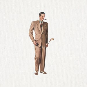 May include: Illustration of a man in a tan suit, holding a golf club and a pipe in his mouth. The suit includes a jacket, vest, and trousers. The man is wearing a striped tie and white shoes with tan accents. The background is white.