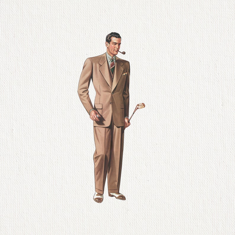 May include: Illustration of a man in a tan suit, holding a golf club and a pipe in his mouth. The suit includes a jacket, vest, and trousers. The man is wearing a striped tie and white shoes with tan accents. The background is white.