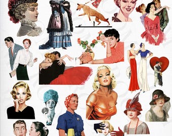 May include: A collage of vintage illustrations featuring women and couples in various poses. The images showcase retro fashion, hairstyles, and accessories, with a focus on romance and everyday life. The color palette includes reds, blues, and oranges.
