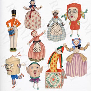 Könnte beinhalten: Eine Sammlung von Illustrationen im Vintage-Stil mit skurrilen Puppen und Figuren. Zu den Figuren gehören ein Trommler in orangefarbener Uniform, ein Clown, der aus einer Kiste springt, und verschiedene Puppen in Kleidern. Die Farbpalette umfasst Rot, Blau, Rosa und Gelb.