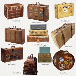 May include: A collection of vintage suitcases and trunks in various sizes and styles. The luggage pieces are primarily brown, with some featuring travel stickers. Measurements range from 7x7 inches to 11x10 inches.