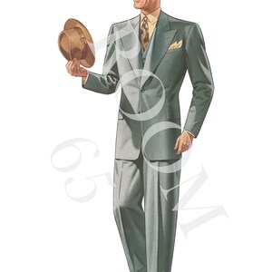 May include: Illustration of a man in a light gray suit, holding a brown hat. The suit includes a jacket, vest, and wide-leg trousers. He wears a yellow shirt and a patterned tie, with brown shoes. The image has a vintage, retro style.