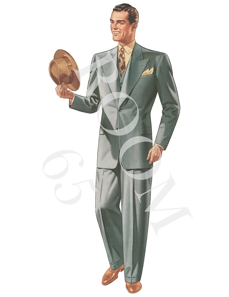 May include: Illustration of a man in a light gray suit, holding a brown hat. The suit includes a jacket, vest, and wide-leg trousers. He wears a yellow shirt and a patterned tie, with brown shoes. The image has a vintage, retro style.