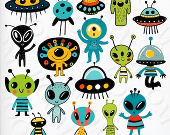 Cute Alien Clipart Set, Alien Clip Art Illustrations, Aliens UFO, Space Clipart Designs, Transparent PNG, Commercial Use