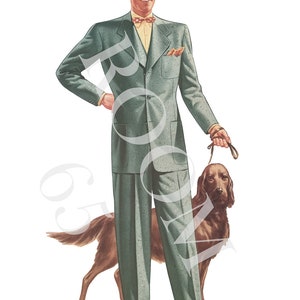 May include: Illustration of a person in a green suit, brown hat, and bow tie, holding a dog leash. The dog is brown. The person is wearing a yellow shirt and has a pocket square. The suit has a subtle dotted pattern.