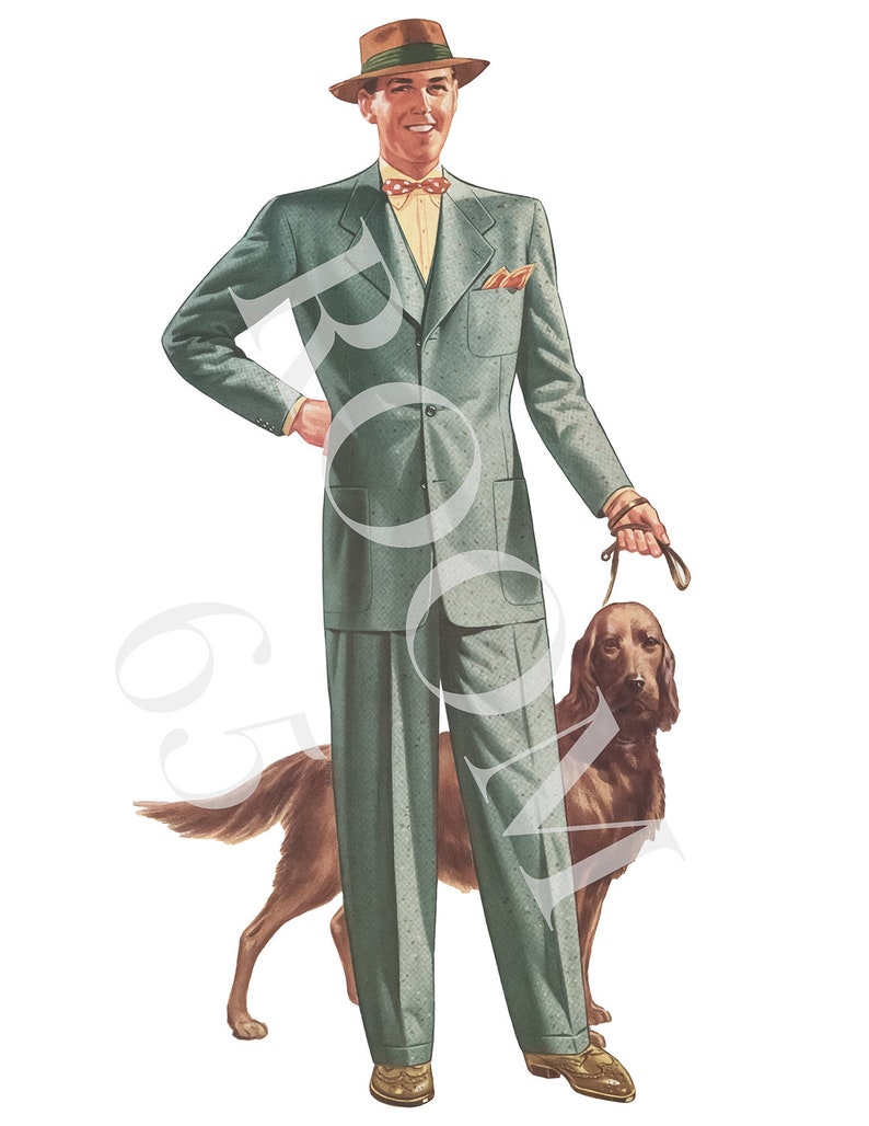 May include: Illustration of a person in a green suit, brown hat, and bow tie, holding a dog leash. The dog is brown. The person is wearing a yellow shirt and has a pocket square. The suit has a subtle dotted pattern.