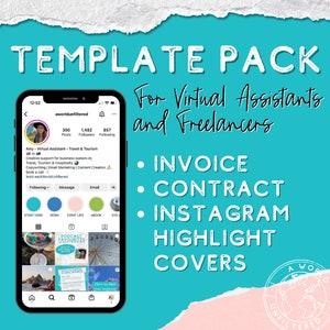 Könnte beinhalten: Ein türkisfarbenes und rosafarbenes Vorlagenpaket für virtuelle Assistenten und Freiberufler. Das Paket enthält Vorlagen für Rechnungen, Verträge und Instagram-Highlight-Cover. Das Bild zeigt einen Telefonbildschirm mit einem Social-Media-Profil und einer Vorschau der Vorlagen.