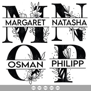 Peut inclure: Conception de monogramme noir et blanc avec les lettres M, N, O et P ornées de fleurs. Les noms Margaret, Natasha, Osman et Philipp sont écrits sur une bannière sous chaque lettre.