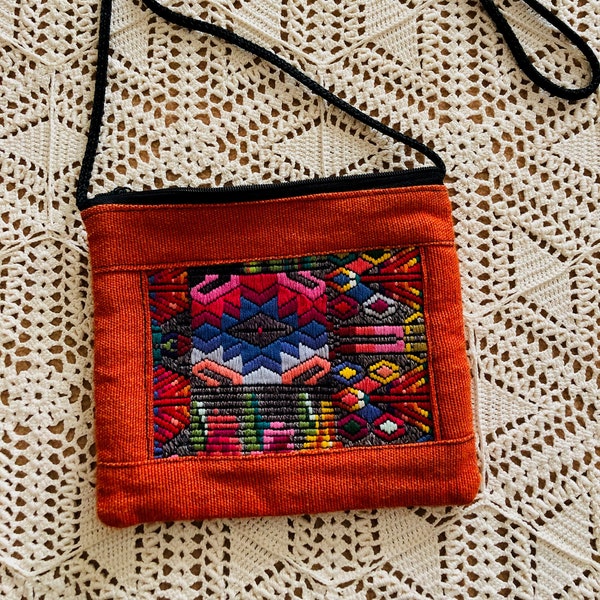 Beautiful Orange Zippered Pouch  Medicine Bag with Brilliant Mexican Embroidery, Lined in Black Sateen