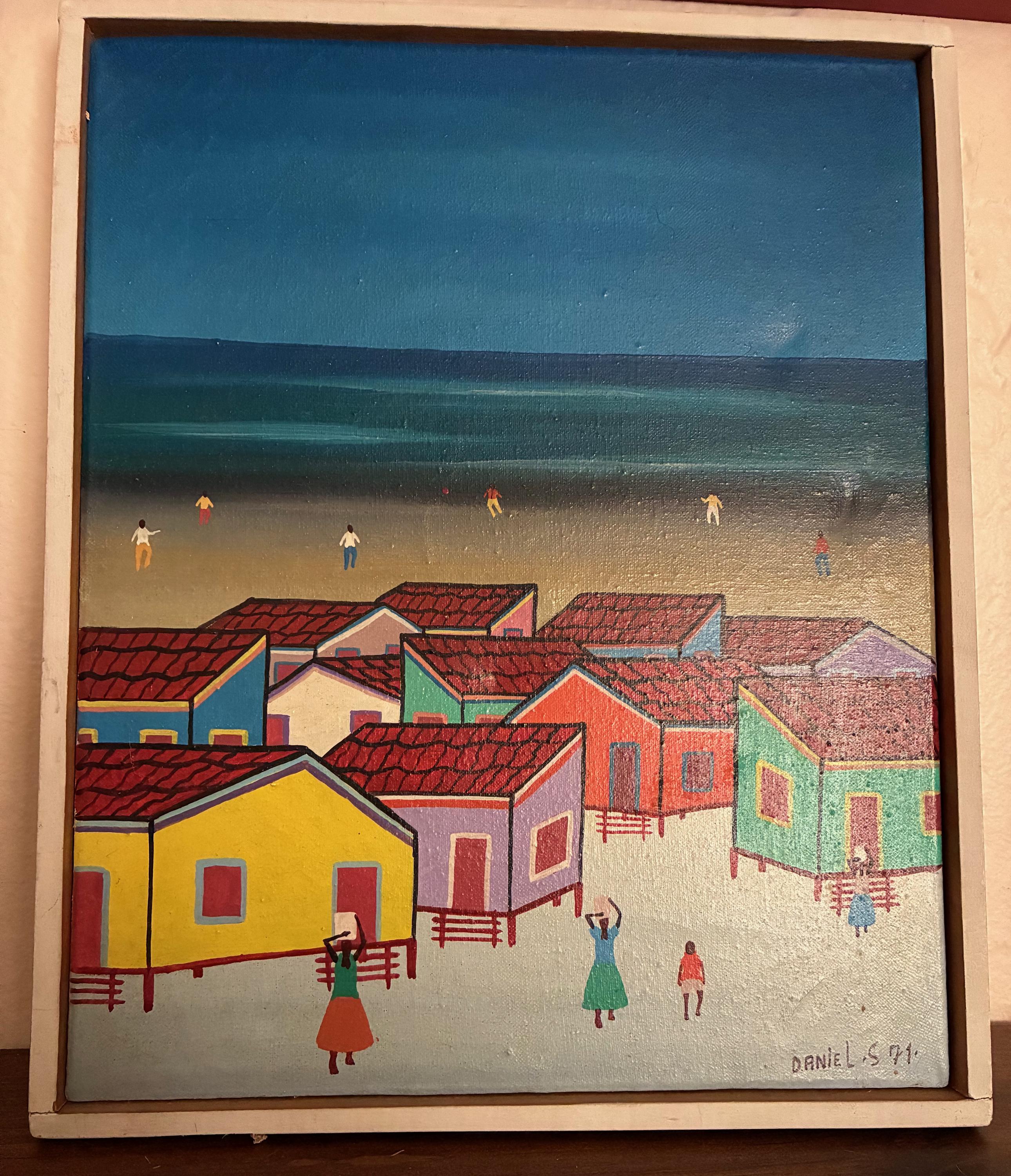 Brazilian Popular Art Arte Popular Acryclic Painting of Colorful Houses and People on the Beach, Signed Daniel S, 71
