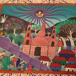 Painting on Pressboard, Sun With Purple Rays Shines Over Village and Agave Fields, Unsigned by Artist, West Central Mexico, 9.75 X 11.75 In.