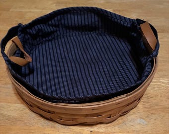 Handmade Split Maple Bread Basket: Signed, Blue Striped Liner