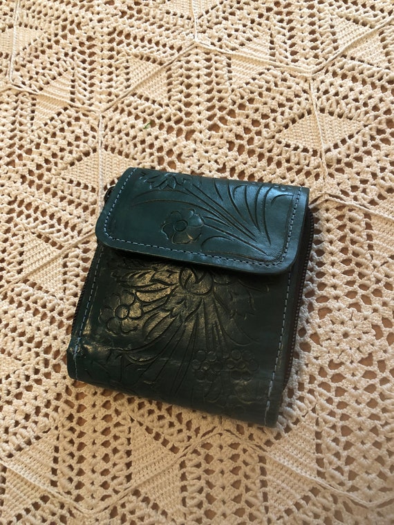 Green Tooled Leather Wallet Purse Made in Paraguay - image 1