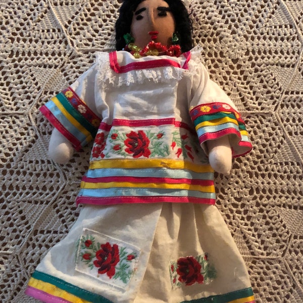 Vintage 1980's Beautiful Soft Mayan Mexican Woman Doll with Traje Huipil Costume and Jewelry