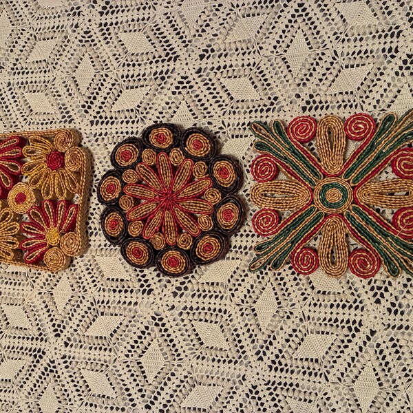 Set of 3 Colorful Coiled Raffia Trivets, 7 X 7 Inches, DK Where Made