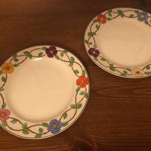 May include: Two white ceramic plates with a floral design. The plates have a green vine border with colorful flowers in shades of yellow, orange, purple, and blue.