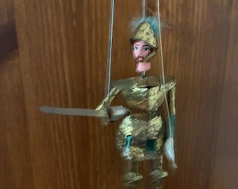 Vintage Italian Opera Marionette  Knight Ronaldo in Shining Armor with Sword and Shield, Made in Sicily