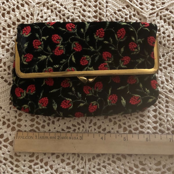 Vintage Small Bond Street Velveteen Clutch Purse with Embroidered Raspberries and Coin Purse, Zipper Pouch, 4 inches by 6 inches