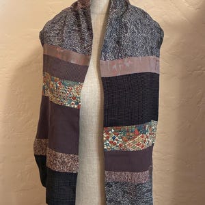 Vintage T. Carney Recycled Kimono Silk Patchwork Scarf with Grey Silk on Reverse, Made in Korea, 10.25 In. Wide X 57 Inches Long
