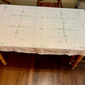 Hand Embroidered Vintage White Linen Rectangular Tablecloth with Flowery Vines, 48 X 61 Inches, One Smudge ( see photo)
