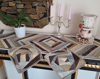 Quilted Table Path and 2 Napkins Table Path in Coffee Tones Table Decor Festive Table Path