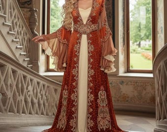 Medieval Dress Brick Color Historical Dress Size XS-M Bell Sleeve Caftan Renaissance Style Historical Dress