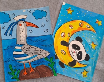 Seagull acrylic painting for a nursery Panda painting Paintings for a children's room Paintings for a playroom Set of 2 paintings