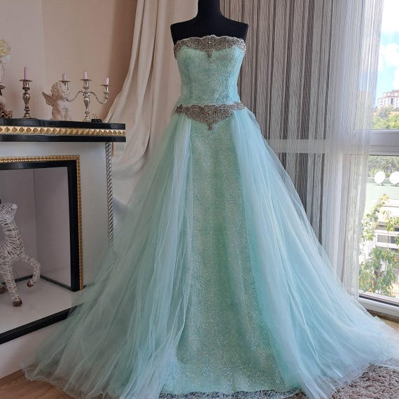 open lace back dress Mint Green Sequin Princess Flower Girl Dress