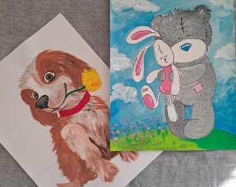 Teddy bear painting Dog painting Set 2 Paintings for the nursery Bright drawings for the children's room Nursery design Original drawings A4