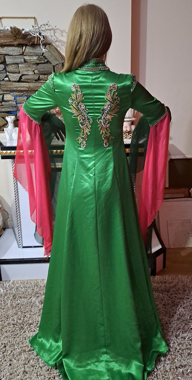 Traditional Vintage Green Turkish Wedding Dress Red Bindalli Turkish Ethnic Folk Wedding Women Costume Kaftan Ottoman Turkish Motif image 6