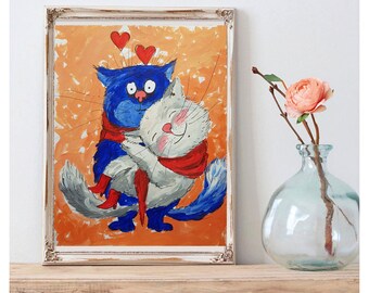 Cats in Love Couple of Cats Acrylic Drawing of Cats In Love Valentine's Day Gift Valentine's Day Gift For Cat Lovers A4