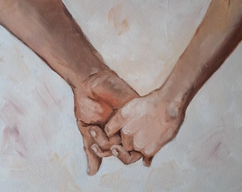 May include: A painting of two hands holding each other, painted in shades of brown and beige on a white background.