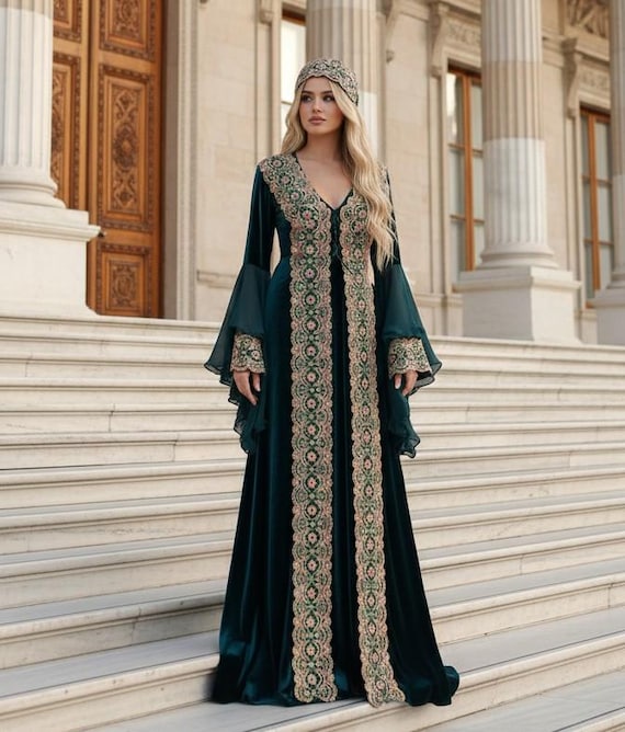 Vintage Green-Turquoise Velvet Turkish Kaftan: Ottoman Wedding Dress, Folklore Costume (L-XL)