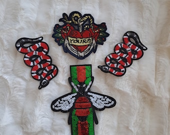 Patches Snake Bee Heart Set of 4 patches with embroidery Set of accessories Stripes Set for clothing decor Gothic patches