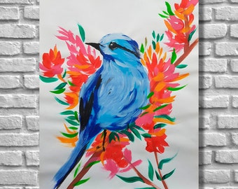 Blue Jay Painting Little Bird on a Branch Acrylic Painting Canadian Juice American Blue Jay Bird Collection Paintings as a Gift