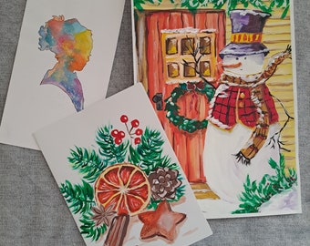 Christmas drawings Christmas cards Christmas paintings Set of 3 Original paintings Handmade Christmas gift