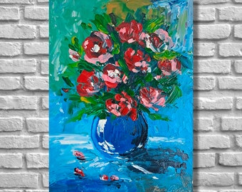 Pink Roses Painting Original Art Impasto Oil Artwork Nature Painting Abstract Flowers Bedroom Living Room Wall Art Flower Still Life 8х8"