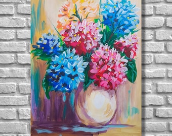 Peinture de fleurs, hortensias acryliques, fleurs dans un vase, peinture originale, art mural, printemps, salon, décoration murale, décoration d'intérieur, bouquet floral