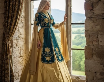 Traditional Vintage Turquoise Turkish Wedding Dress Bindalli Ethnic Folk Princess Dress Medieval Renaissance Costume Festival Dress Cosplay