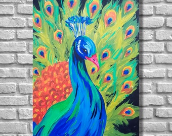 Peintures d'oiseaux, peinture acrylique, déco paon pour enfants, oiseau coloré, art mural en RA, fait main, original, coloré, oiseau de feu, 11х8