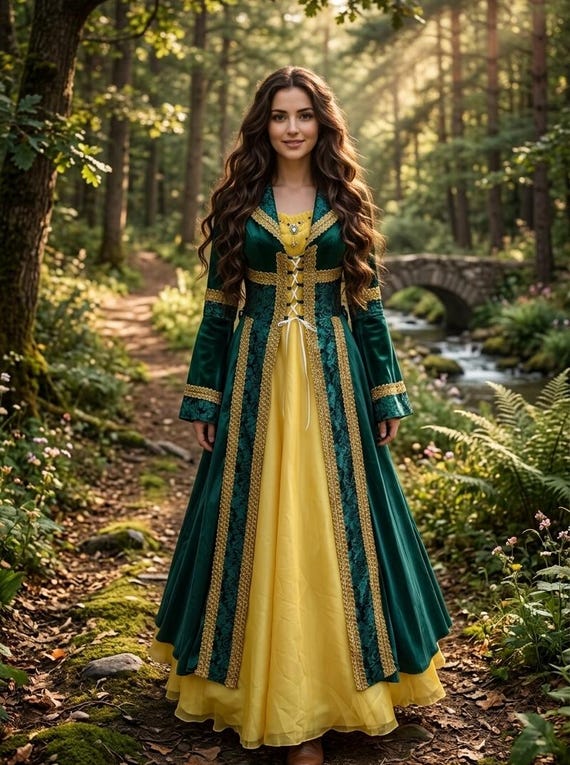 emerald green renaissance dress Dark Green and Natural Medieval Summer Dress - Cotton main image 1