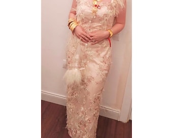 Vintage Cream Dress with Feathers Evening Dress Engagement Dress Cream Dress with Feathers