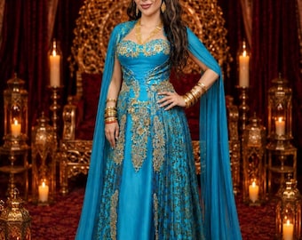 Vintage Turquoise Turkish Kaftan: Ethnic Wedding Dress, Ottoman Motif (S-M)
