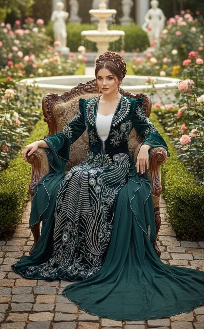 velvet green caftan dress Royal Green Velvet Moroccan Kaftan | Brown & Gold Embroidery